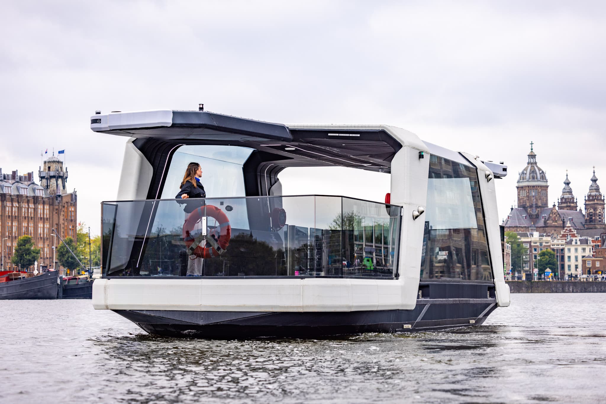 The 3D-printed Ferry of the Future under way on the water.